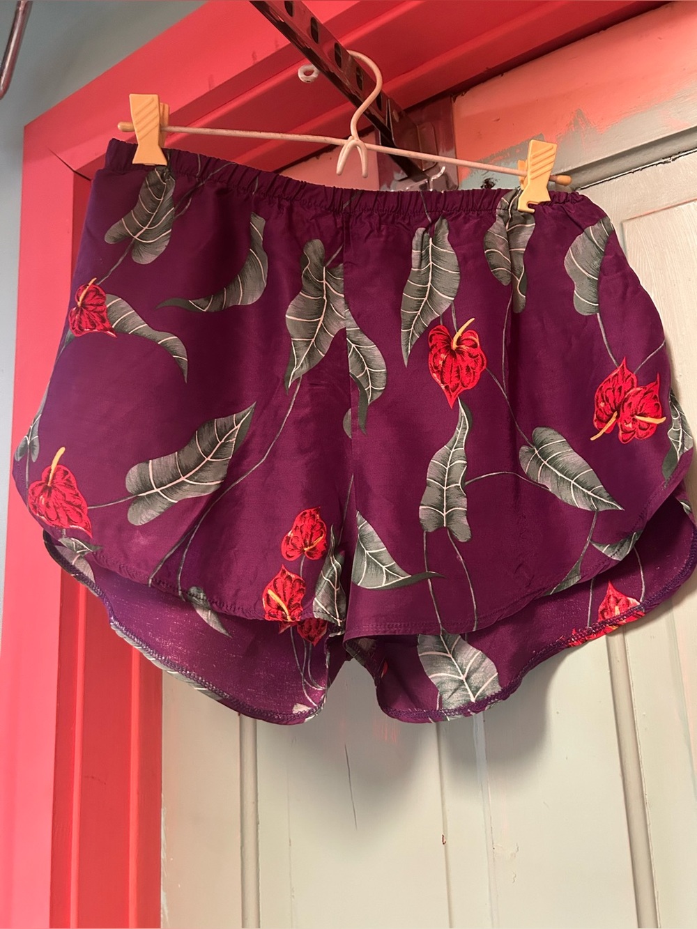 Vintage Eeni Meeni Purple Floral Athletic Shorts with Red Accents
